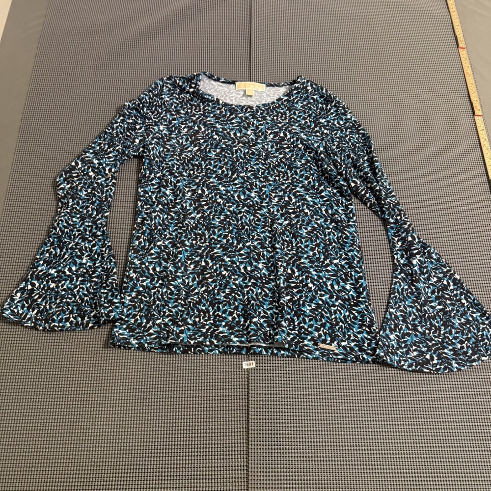Michael Michael Kors Womens Small Blue Black Leaf Print Bell Sleeve Top